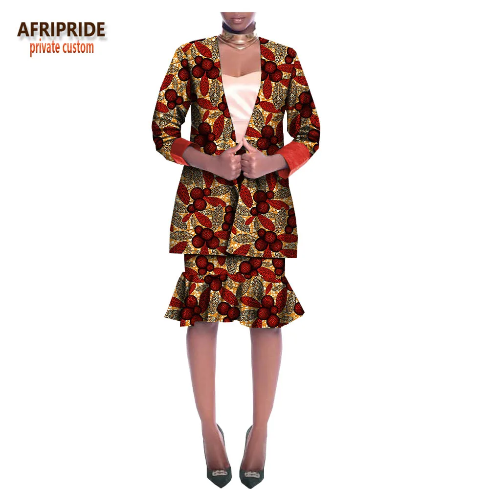 Afripride, африканская мода, юбка и пиджак, костюм для женщин, сделанный на заказ, топ на одной пуговице+ Юбка До Колена, Женский хлопковый костюм A1826015