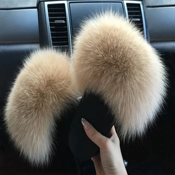 

New Women Fur Slippers Winter Real Fox Fur Slides Fluffy Furry Fur Sandals Woman Flip Flops Home Slippers Hot Ladies Plush Shoes