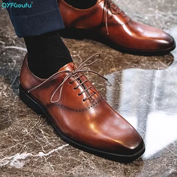 

QYFCIOUFU Men Shoes Genuine Leather Pointed Toe Handmade Office Business Black Brown Wedding Dress Formal Oxfords Men's Shoe