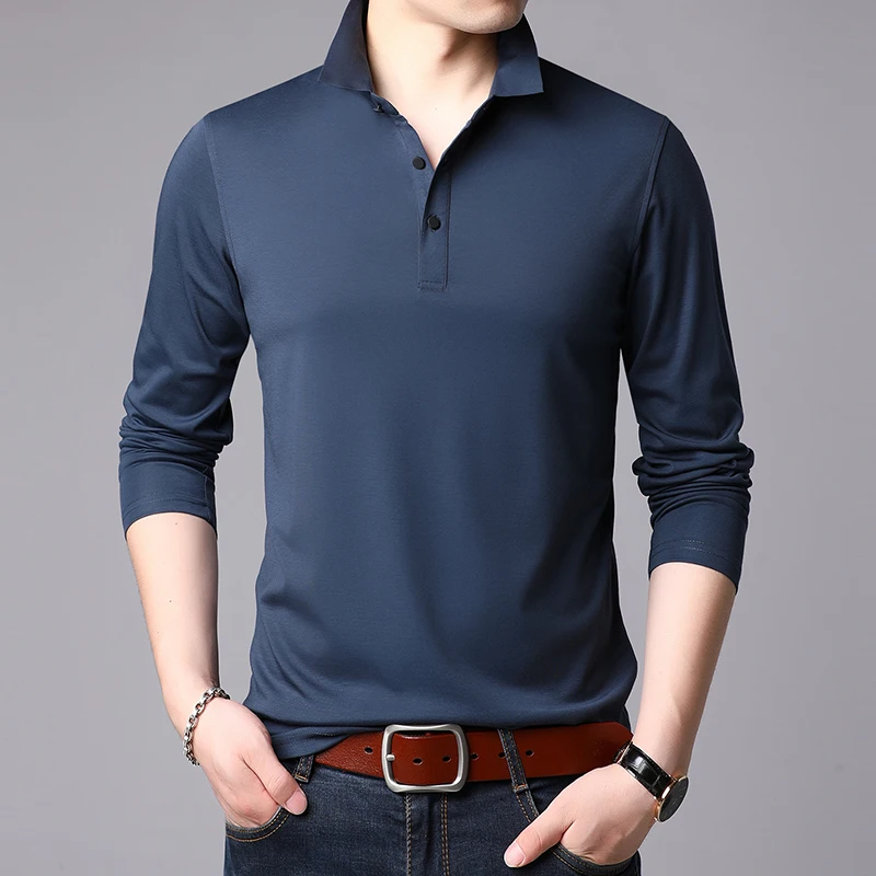 Модные мужские s Slim Fit футболки с длинными рукавами мужские футболки с отложным воротником Топы футболки Плюс Размер s-xxxl - Цвет: blue grey