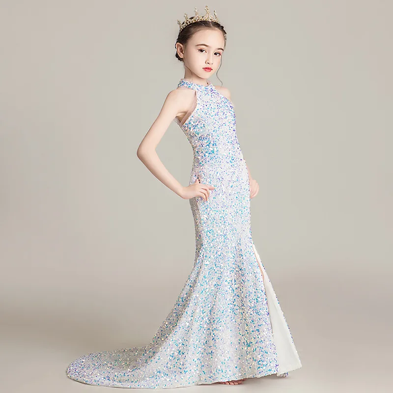 Evening Dress for Girls Kids Elegant Gowns Teen Birthday Party Dresses Sexy Multicolor Sequins Graduation Performance Tail Dress
