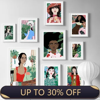 

Abstract Colorful Boho Girl Flower Leaf Wall Art Print Canvas Painting Nordic Vintage Poster Wall Pictures For Living Room Decor