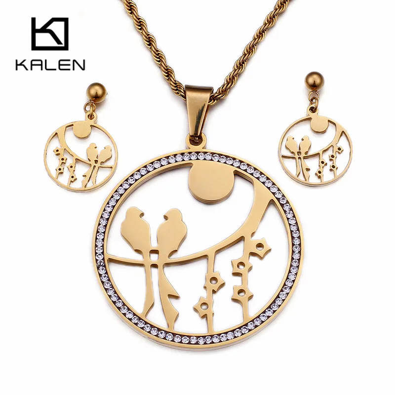 

Stainless Steel Dubai Gold Jewelry Sets Women Rhinestone Animal Birds on Tree Pendant Necklace & Earrings Set Accessories