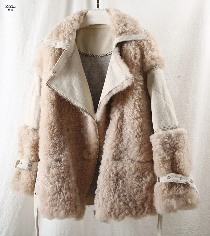 

ZiZhen Jacket Real Sheep Fur Shorts Zipper Overcoat Woman Detachable Moto & Biker Style With Belt 190814-4