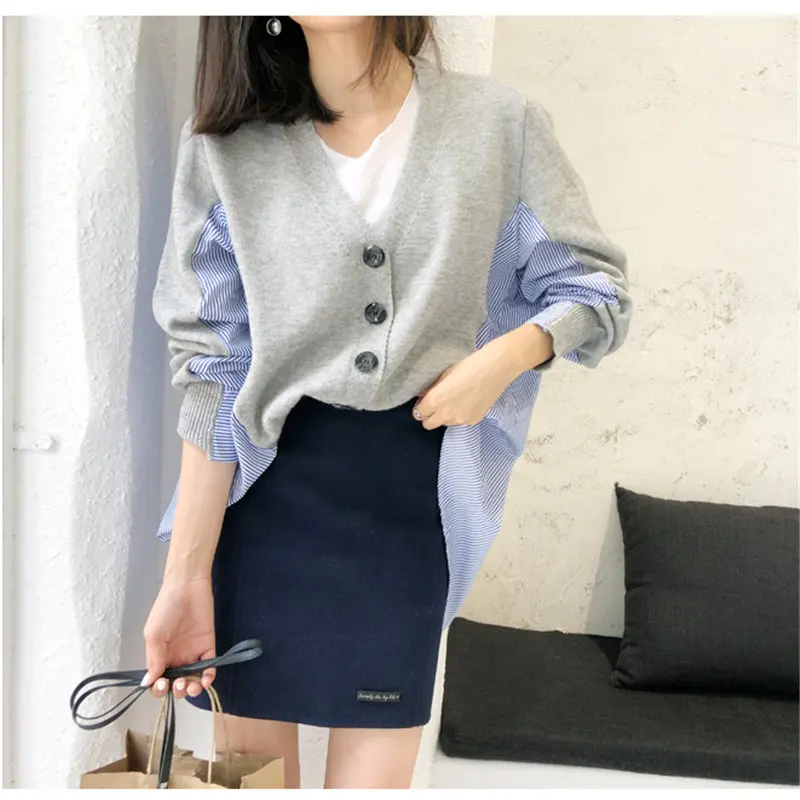 

HziriP New Oversize Loose Knitted V-neck Women Patchwork Striped Shirts Feminine Office Ladies All-Match Slim Cardigans Sweaters