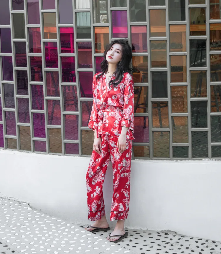 Благородная Роскошная лед Шелковая пижама кимоно свободный домашний костюм осень тонкий v-образный вырез печать пижамы атласная одежда для отдыха женская домашняя одежда