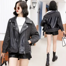 Casual Short Coat Women's Loose Small Leather Patchwork Plaid Spring And Autumn 2021 New Fashion French Punk Rock Retro Style