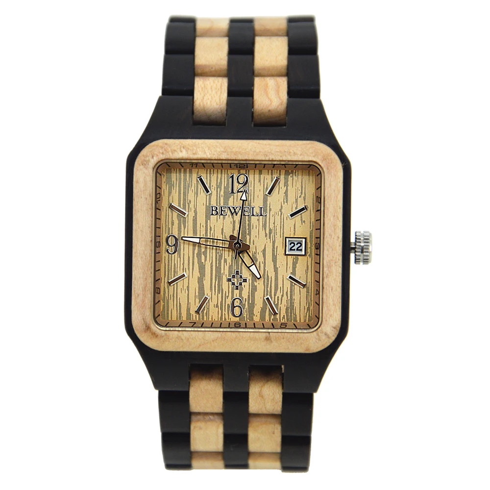 

Bewell Fashion casual men's watch Simple square surface design ebony maple quartz watch with gift paper watch box watch men 111A