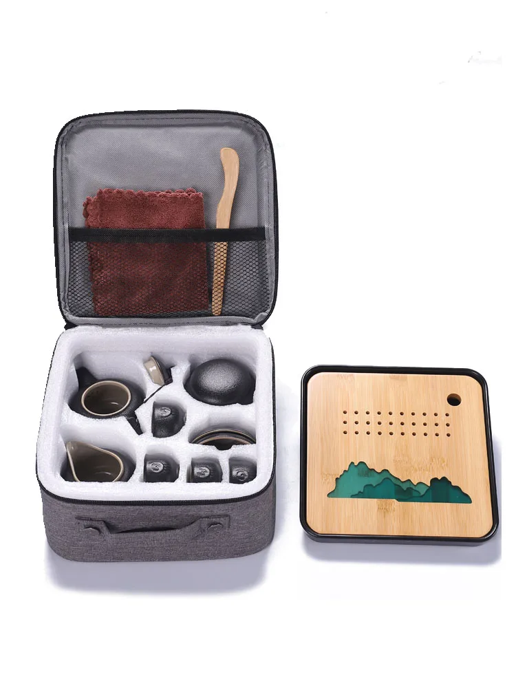  Travel tea set portable bag kung fu tea set Japanese style black pottery simple outdoor one pot fou