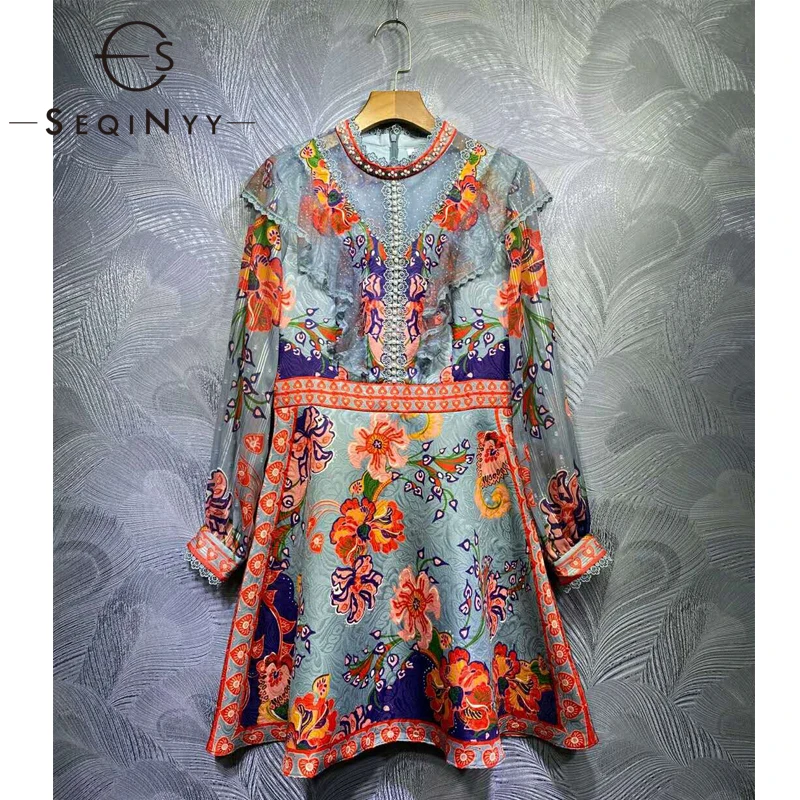 SEQINYY Blue Vintage Dress Flowers Print 2020 Summer Spring New Fashion Design Women Ruffles Luxury Beading Jacquard Runway