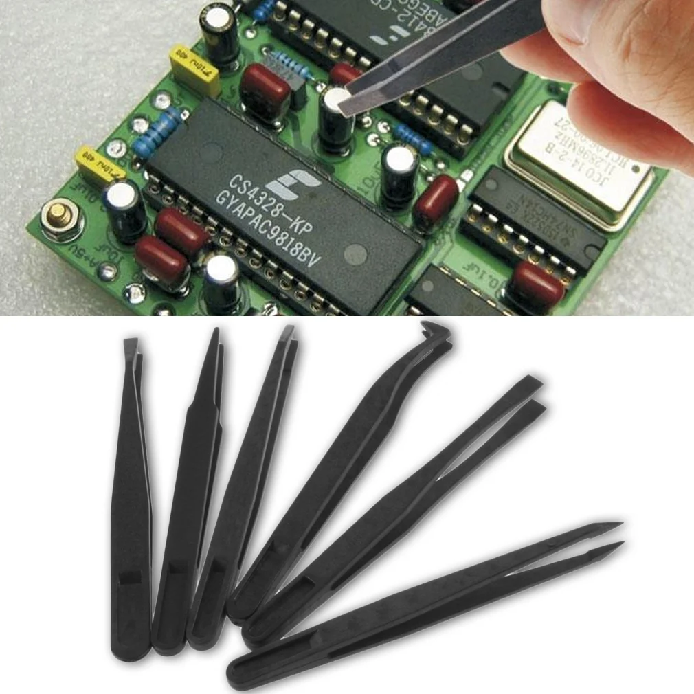 

6pcs Black Anti-static Plastic Tweezer Heat Resistant Repair Tool Straight Bend