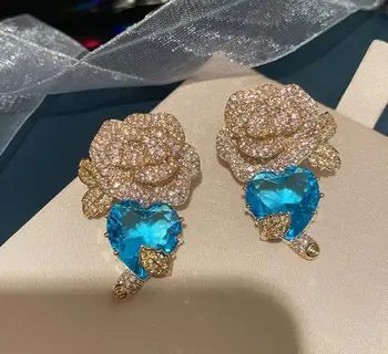 

Temperament golden three-dimensional rose flower blue heart-shaped zircon pendant crystal earrings