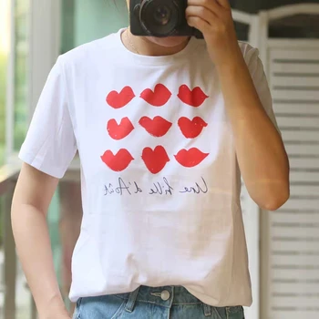 

White T-shirt Heart Shaped Red Lips Month Letter print Simple wild Short Sleeve women Tee