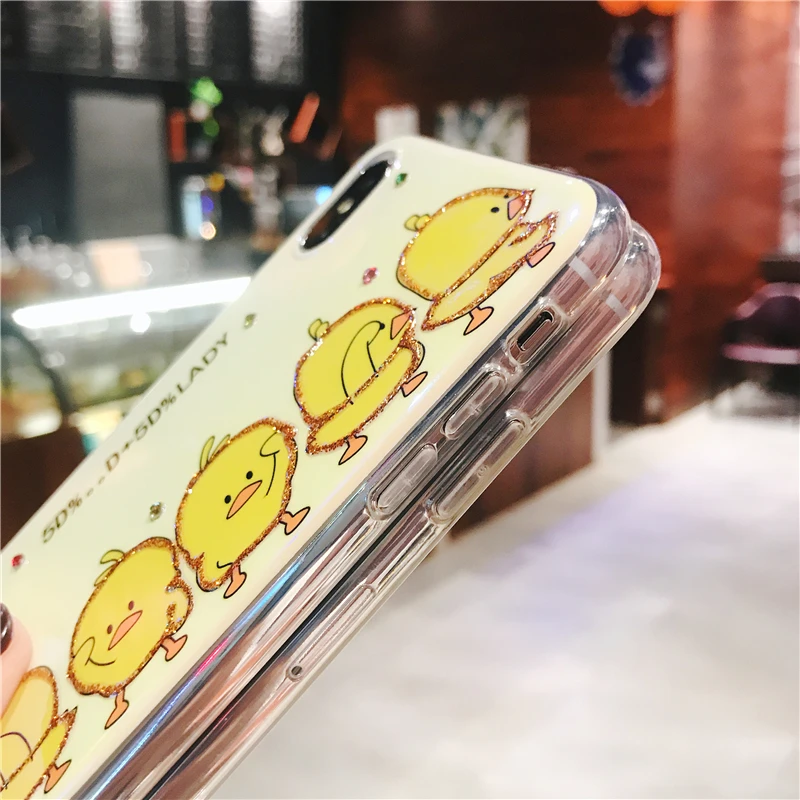Мягкий силиконовый чехол из ТПУ для iPhone 11 Pro Xs Max X XR 6 6s 7 8 Plus, блестящий чехол с милым мультяшным милым забавным желтым утиным пухом
