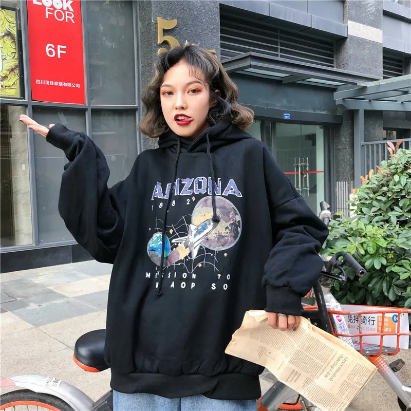 Paris Girl Women Loose Restore Star Airship Printing Black Thin Pullover O-neck Hoddie Sweatshirt Girls White Gray Hoodies