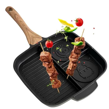 

BEEMSK Multifunctional three grid frying pan Non-stick Square Grill Pan Steak Fry Pans Striped Frying Pan Breakfast pot CARTOON