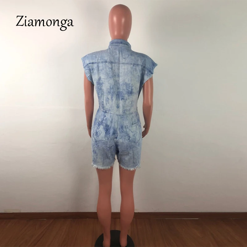 Ziamonga/Летний джинсовый комбинезон с коротким рукавом для женщин; Короткий комбинезон на пуговицах с отложным воротником; Повседневные Вечерние комбинезоны с карманами