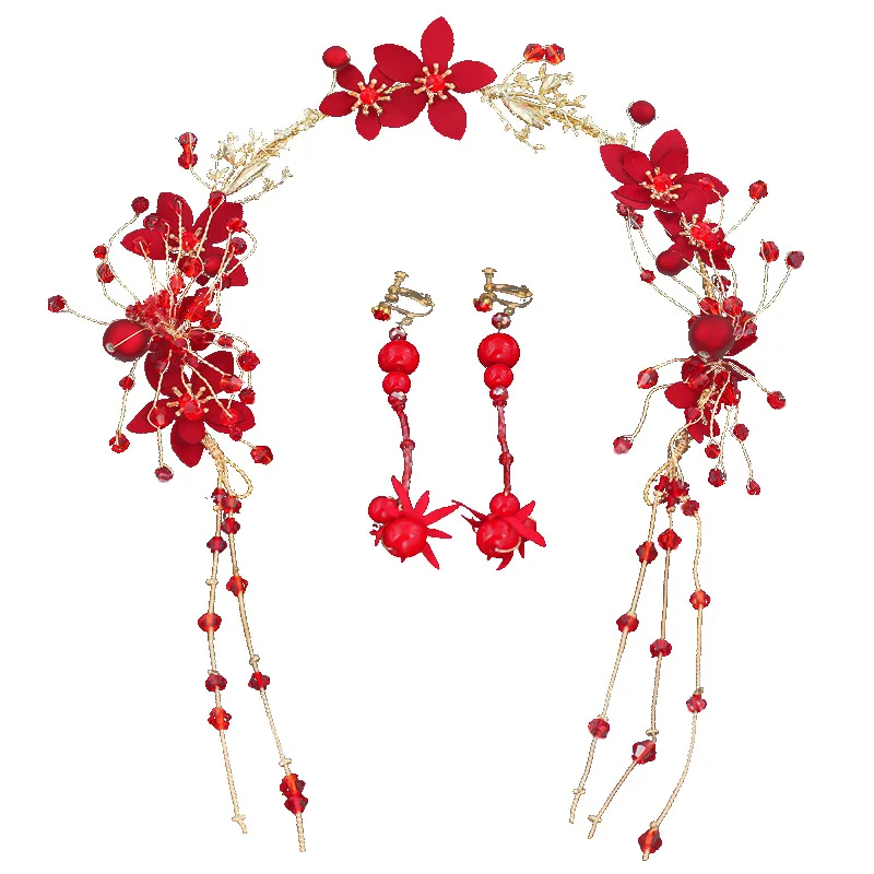 

New Style Red Rose Formal Dress Hair Band Chinese Style Bride Headdress Tassel Earring Dress for Toast Marriage Ceremony