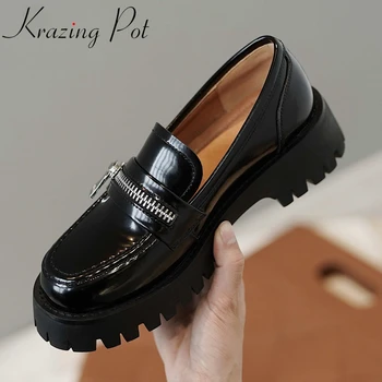 

Krazing pot genuine leather round toe med heel thick bottom leisure shoes women zip decorations deep mouth cozy women pumps L67