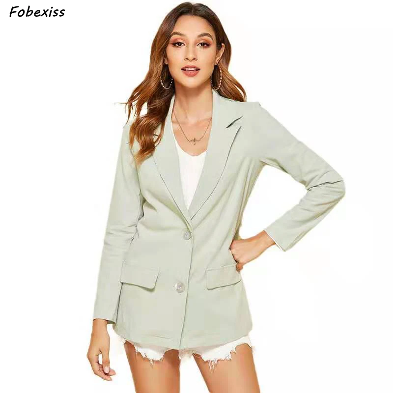 

Women Blazers and Jackets 2019 Fall Long Sleeve Single Button With Pocket Notched Elegant Blue Pink Cardigan Office Lady Blazers