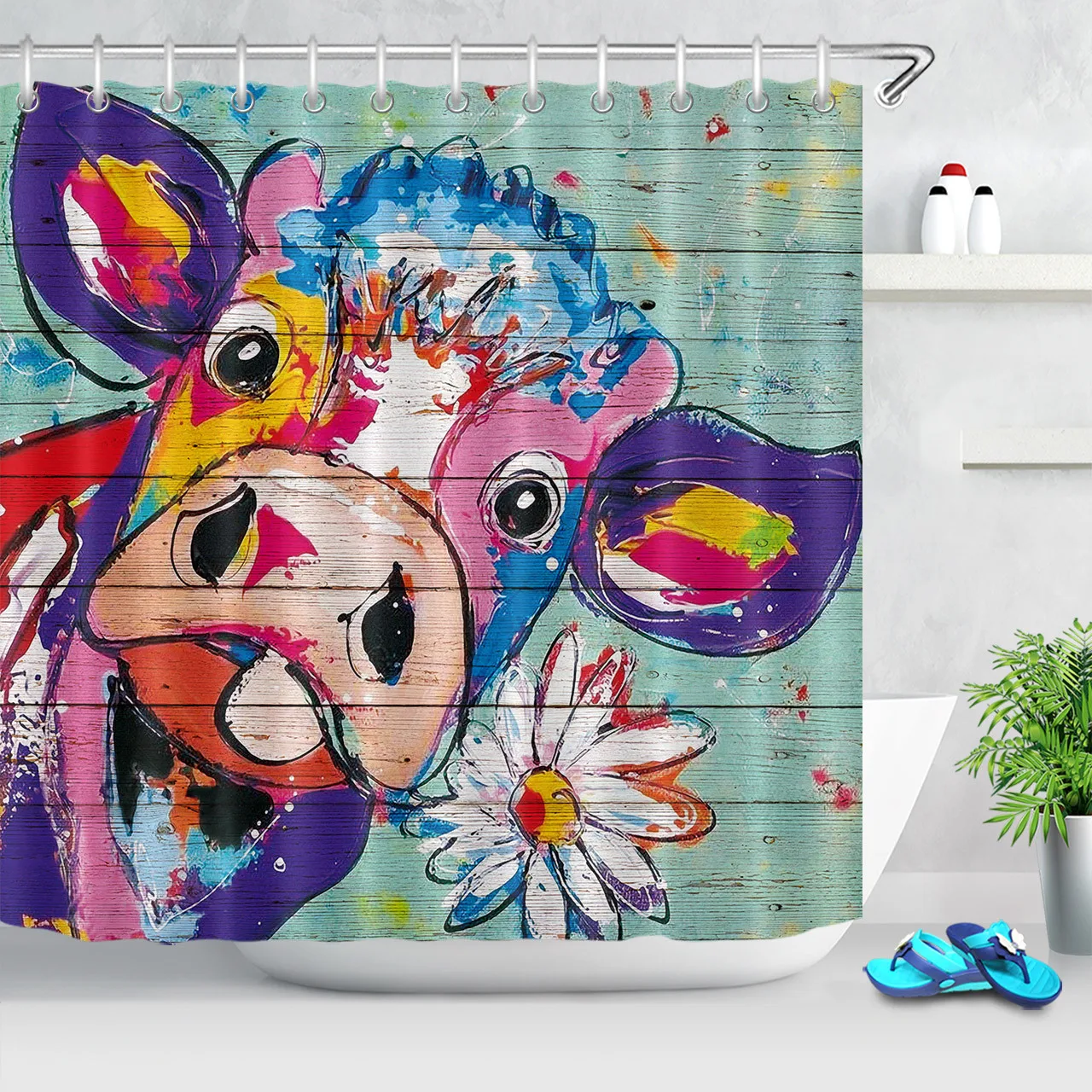 Graffiti Design Flower Cow Shower Curtain Rustic Wooden Plank