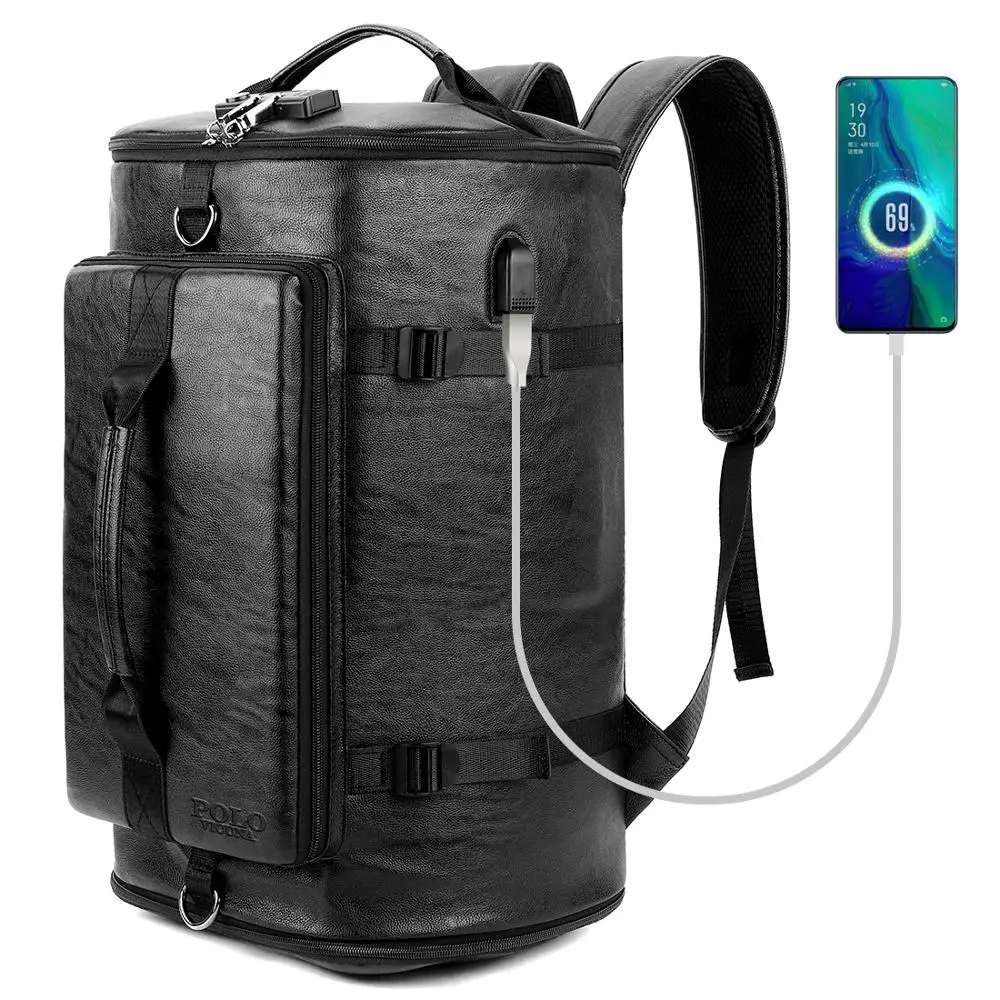 VICUNA POLO, новинка, мужская кожаная сумка с защитой от кражи, с замком для паролей, дизайн, зарядка через usb, для путешествий, ноутбука, мужской рюкзак, mochila - Цвет: black