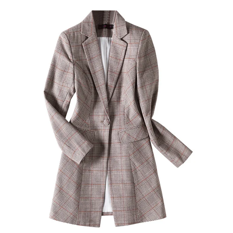 Cheap Women's mid-length check jacket in high-quality fabrics 2020 Korean Fashionable Lady Blazer Casual coat Female
