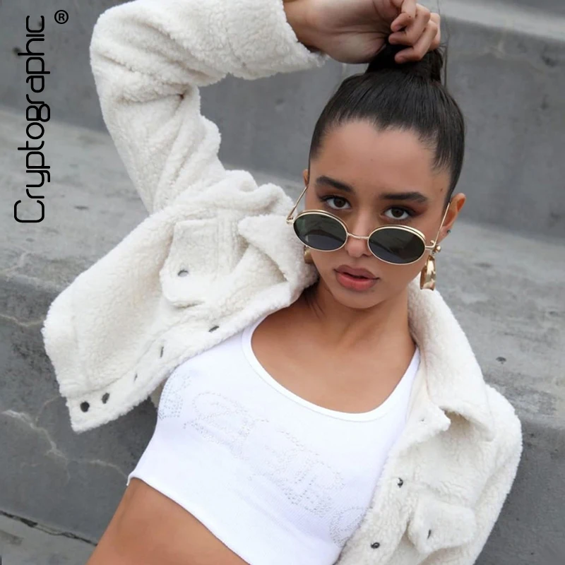 

Cryptographic Casual Women's Cropped Jacket Fake Lambswool Coats Turn Down Collar Single Breasted Pockets Front Coat Winter 2019