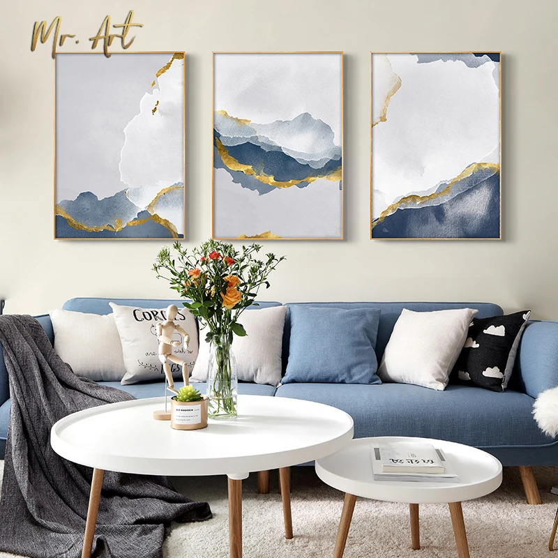 

Abstract Fog Canvas Art Blue Color Splash and Yellow Lines Poster Print Living Room Decoration Wall Art Canvas Painting Unframed