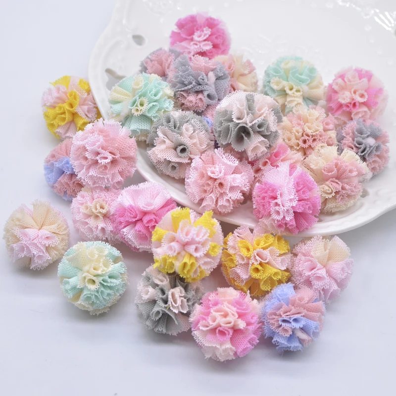 50Pcs 25mm Two-color Elastic Mesh Chiffon Ball DIY Apparel Sewing Appliques Material Patches for Clothes Headwear Garment Decor