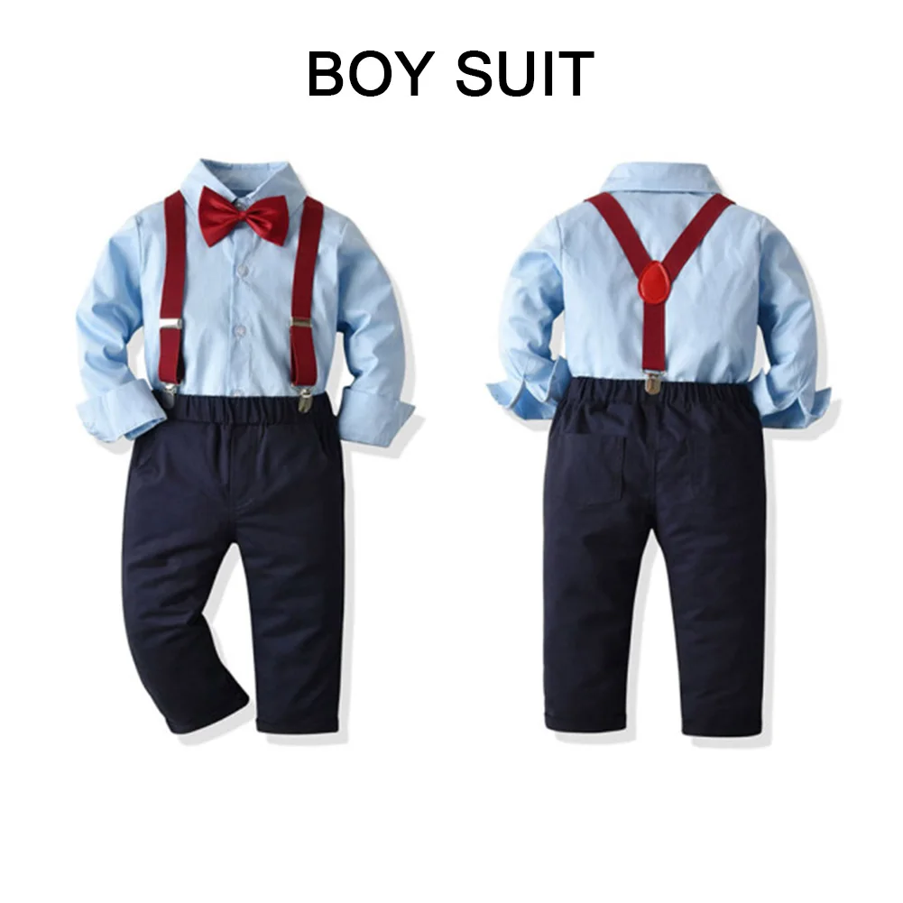 

Boy Infant Gentleman Four-Piece Set Outfit Suit Kid Clothes Bow Ties Long Sleeve Shirts and Suspenders Pants Banquet Dress