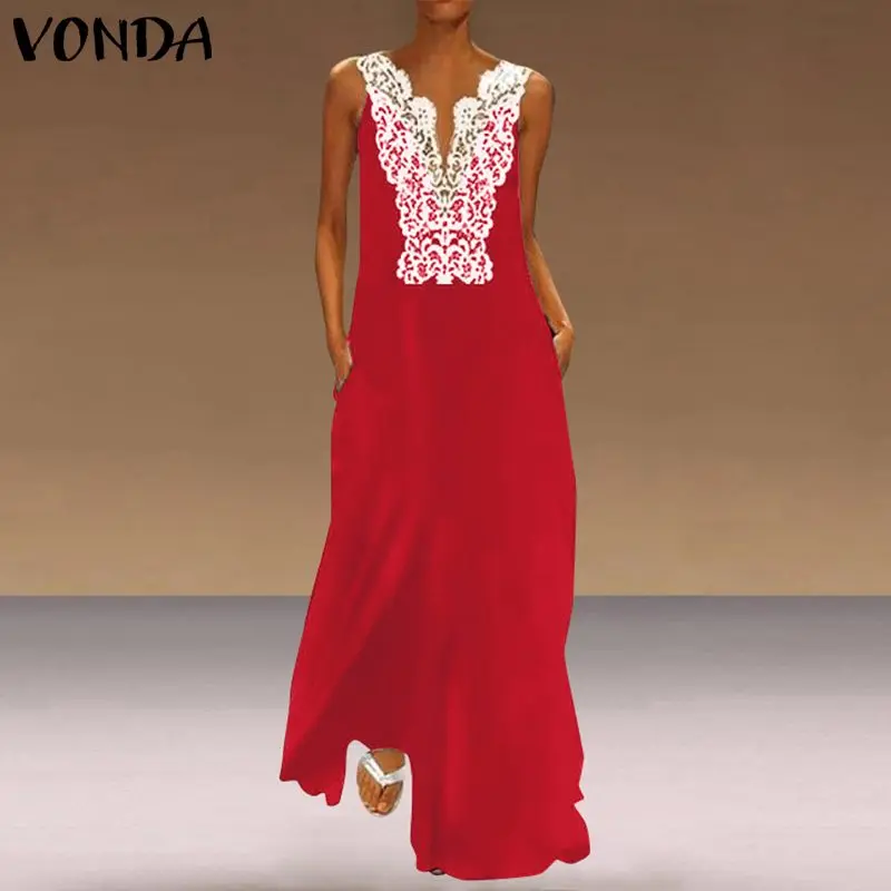 

Summer Sleeveless Maternity Long Dress 2019 VONDA Women V Neck Lace Patchwork Party Holiday Dresses Casual Party Sundress 5XL