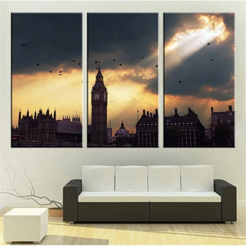 

Home Decor Living Room Modular Pictures 3 Panel Big Ben Castle Dim Scenery Framed Wall Art Painting HD Printed Canvas Poster