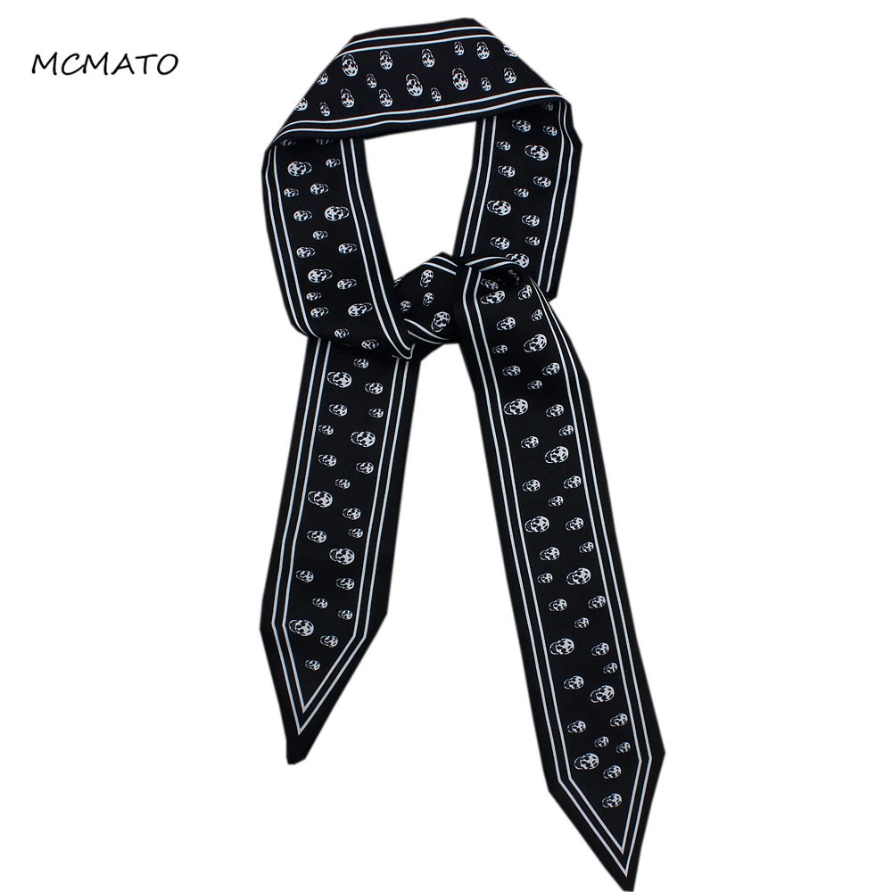 

120cm*5cm Silk Small Long Woman Scarf Skull Scarves Printed Sharp Corner Fashion Brand Headband Bag Ribbon For Ladie Tie