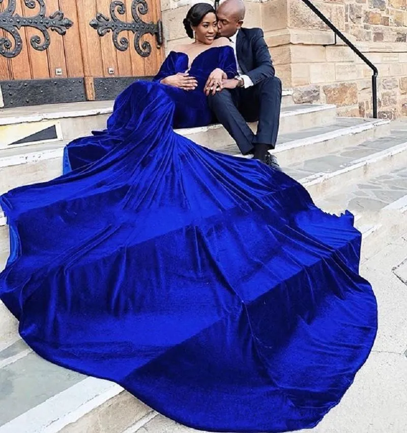 Королевские синие бархатные вечерние платья с длинным рукавом и глубоким вырезом, платья для выпускного вечера размера плюс