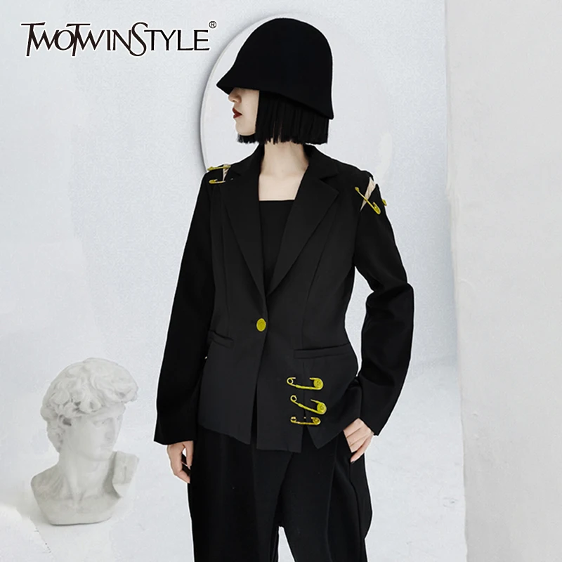 

TWOTWINSTYLE Patchwork Hollow Out Pin Blazer For Women Notched Long Sleeve Casual Black Blazer Female 2020 Fashion New Clothing