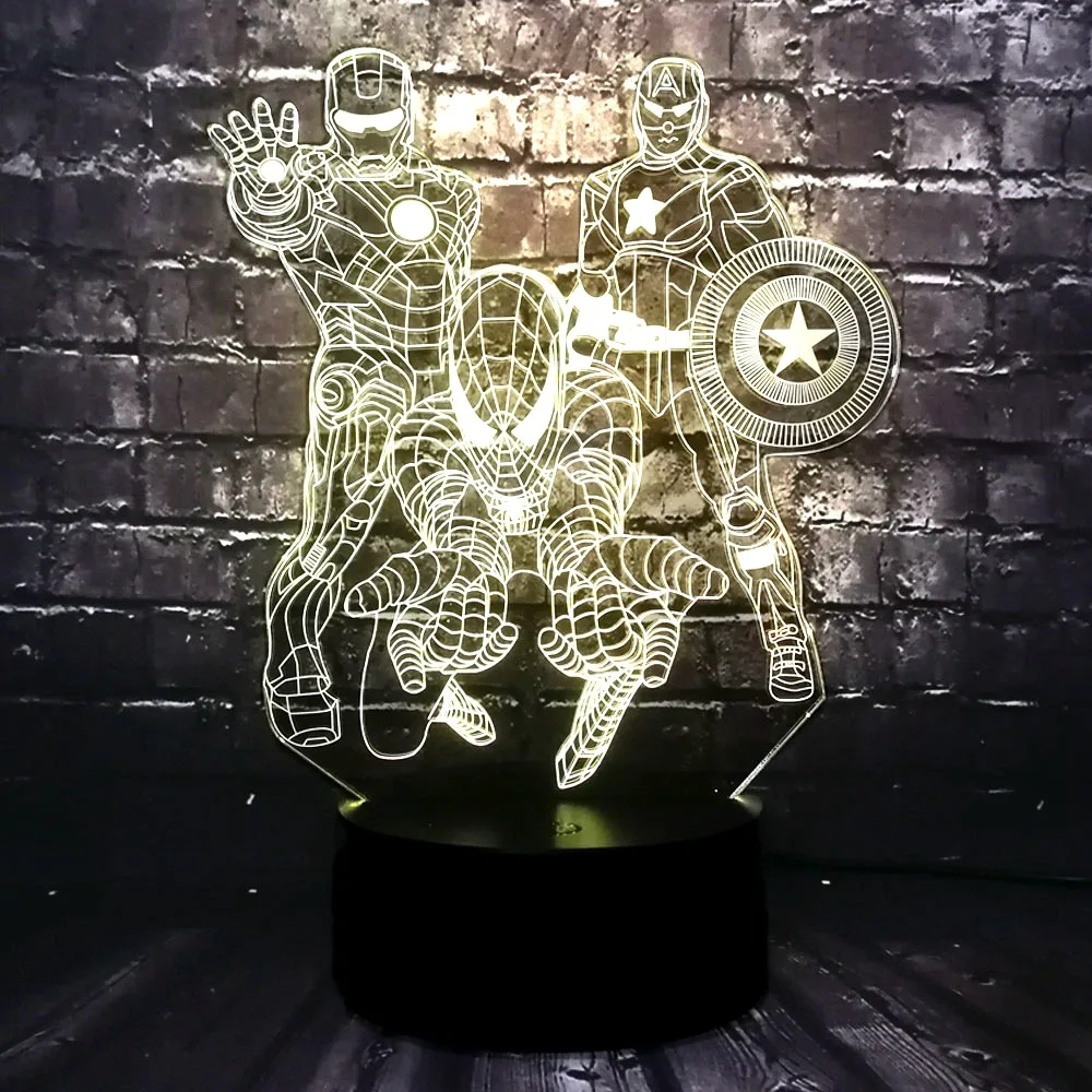 Новые герои Мстители Marvel 7 цветов USB зарядка Железный Человек-паук Капитан Америка Мультфильм светодиодный для украшения комнаты Ночная Атмосфера Свет Дети подарок