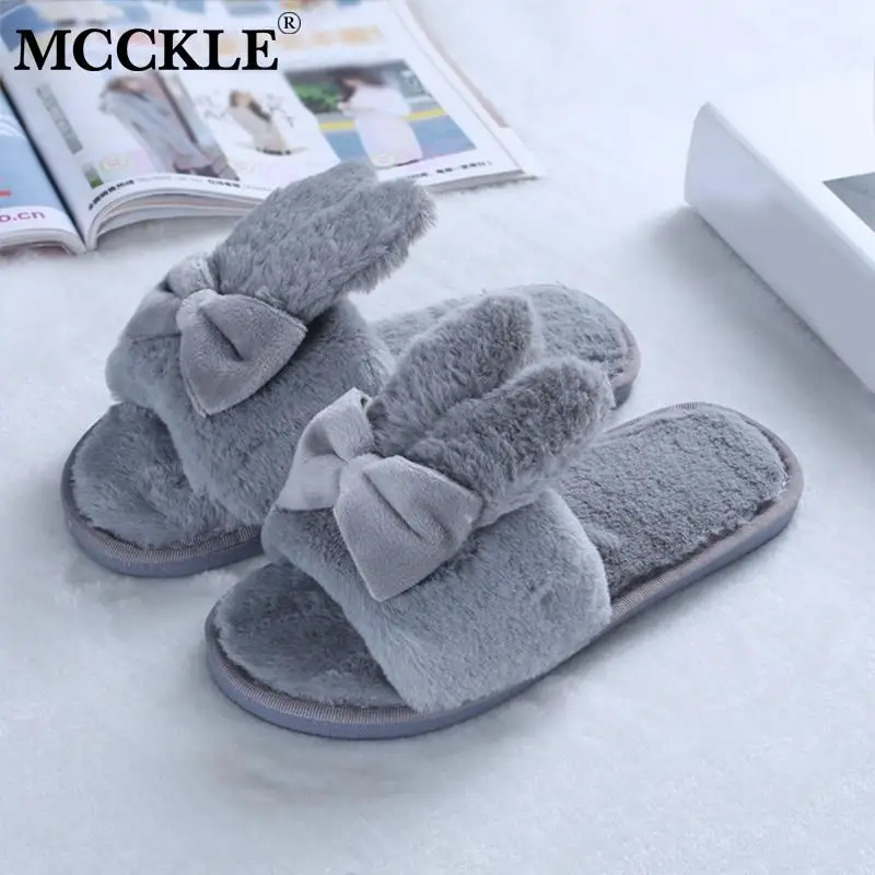 

MCCKLE Women Flat Home Floor Winter Slippers Faux Fur Cute Bowtie Open Toe Warm Soft Female Comfortable Shoes Ladies Bedroom