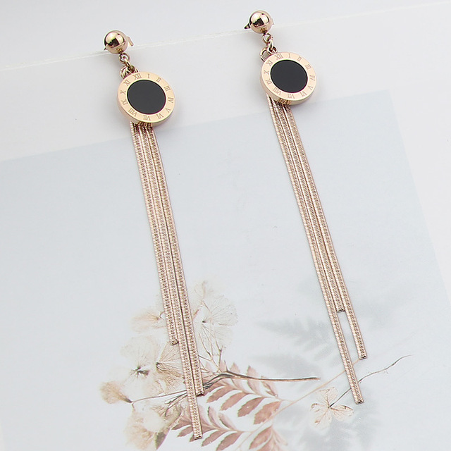 jewelry steel ball earrings hanging black Roman numeral round cake snake bone chain tassel rose gold women earrings gift