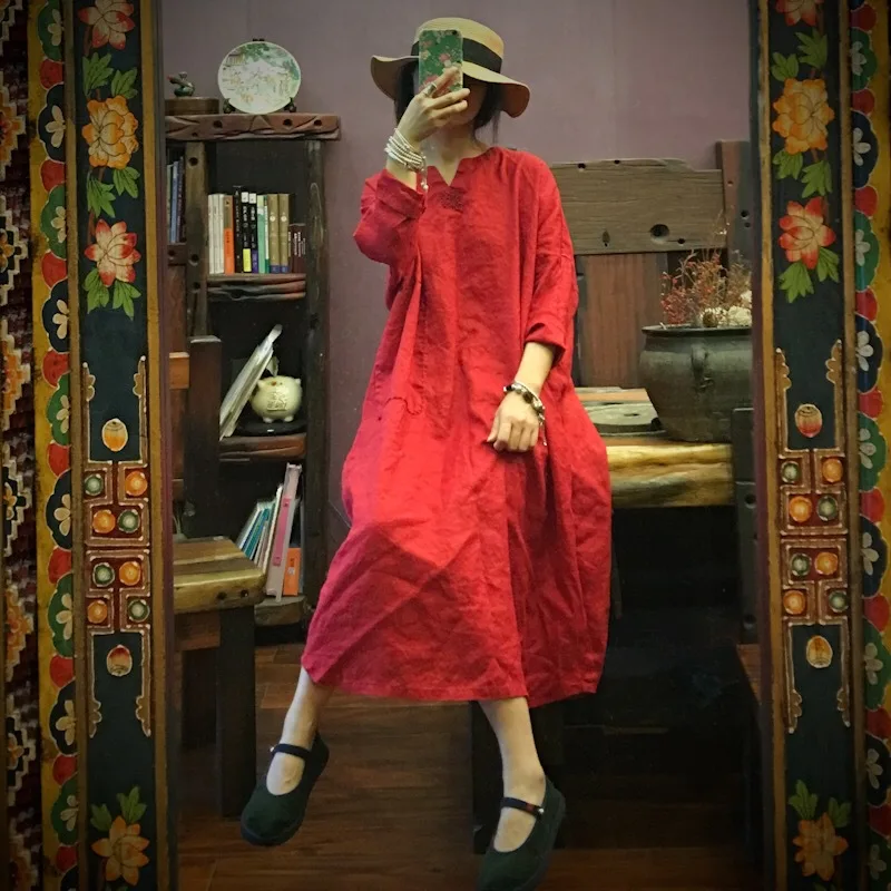 

2019 Spring Washing Pure Linen Handmade Embroidery Loose-Fit Big Gown Dress 1265