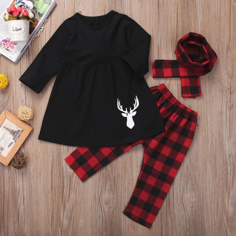 От 1 до 6 лет комплект рождественской одежды для маленьких девочек, черная туника с оленем+ красные клетчатые штаны, наряды, рождественские наряды