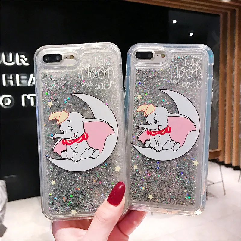Cute cartoon quicksand glitter moon Dumbo phone case For iphone Xs MAX XR X 6 6s 7 8 plus soft TPU back Cover Capa Fundas |