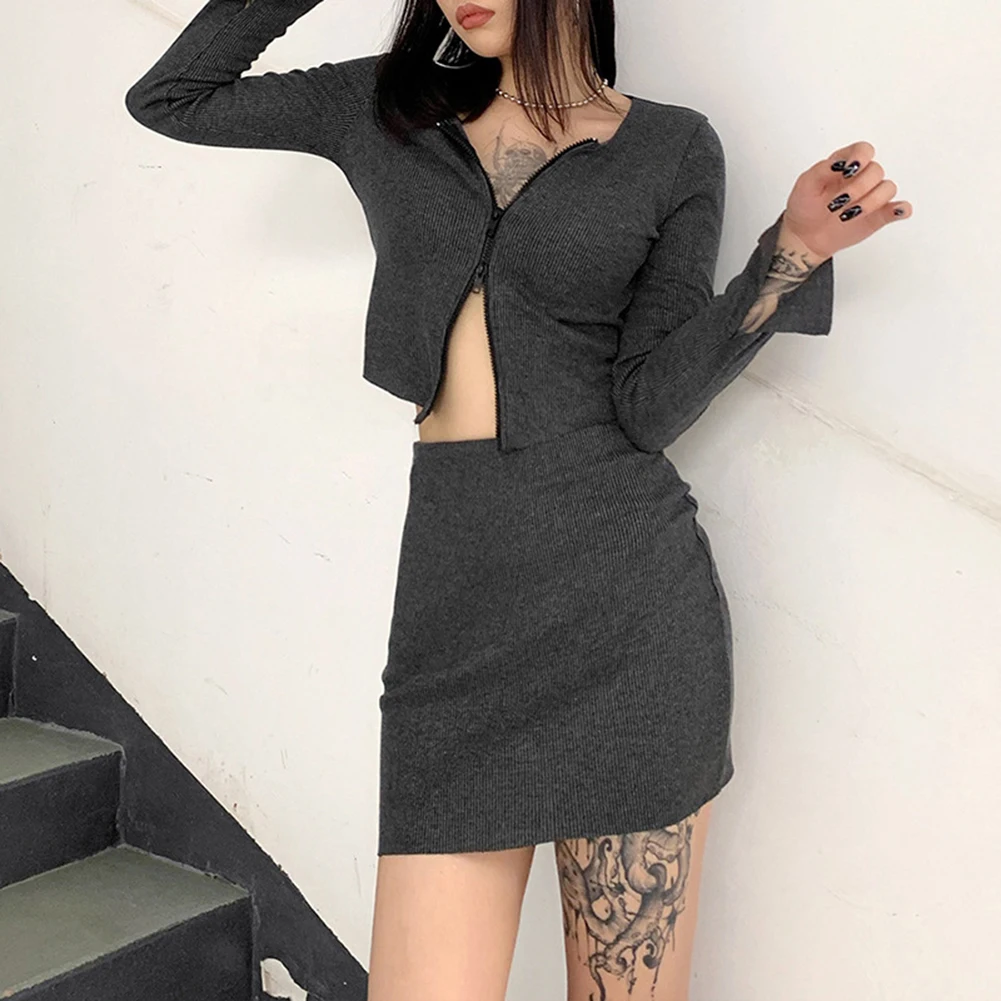 

HUNTER WISH Sexy Dual Zippers Sweatshirts Mini Skirt Women Set Long-sleeve High-waisted Pack Hip Skirt Clubwear Split Tops