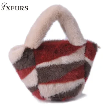 

2020 New Real Mink Fur Handbag Pactwork Fur Mixed Colors Wrist Bags Women Winter Fashion Basket Shape Luxury Girl Genuine Bags