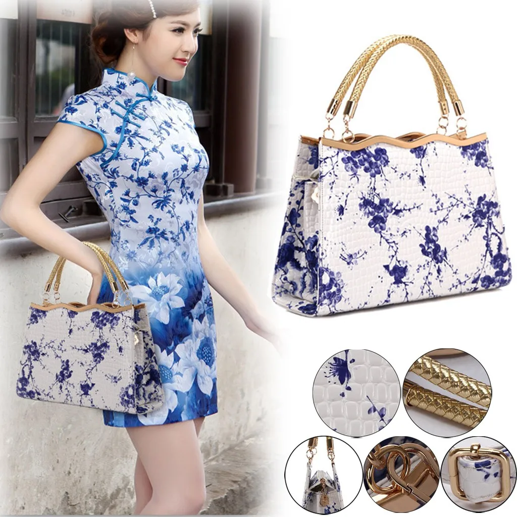 

Ladies Bags Fashion Women Leather Chinese Style Blue-and-white Porcelain Casual Totes Handle Bags torebki damskie Satchel