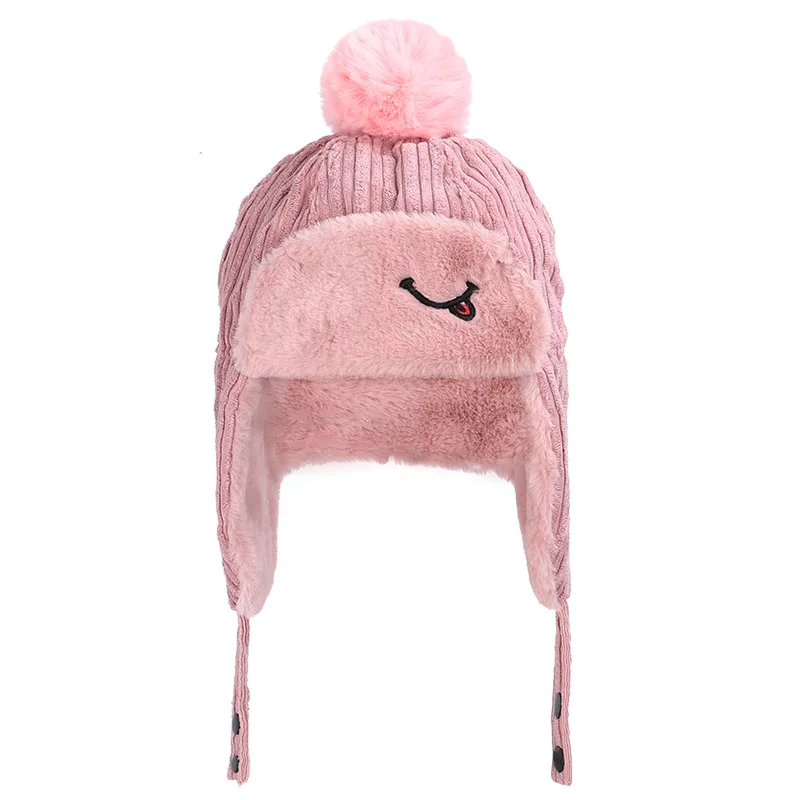Новинка года, Высококачественная детская зимняя вязаная шапочка, милая шапка-Авиатор для мальчиков и девочек, теплая зимне наушники шапка, утепленная шапка - Цвет: Pink