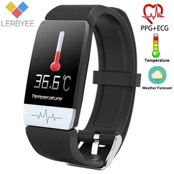 

Lerbyee T1 Fitness Tracker Body Temperature ECG Smart Bracelet Heart Rate Monitor Smart Watch Music Control Sport 2020 Men Women