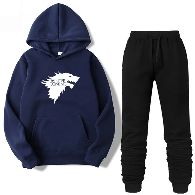 Navy blue-W Комплект из двух предметов; модная Толстовка «Игра престолов»; Спортивный костюм для мужчин и женщин; толстовка с капюшоном; Осенняя брендовая одежда; комплекты из толстовки и штанов - Цвет: Navy blue-W
