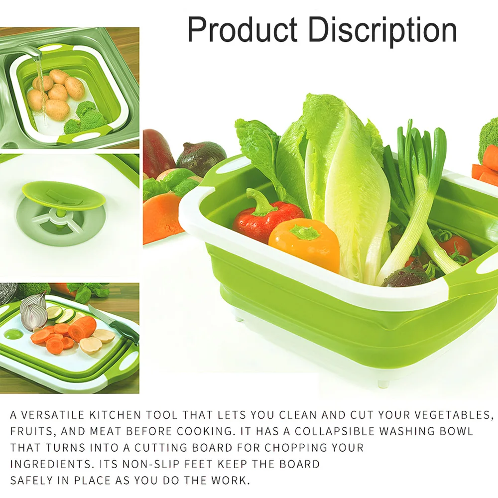 

Hot New 2 In 1 Collapsible Dish Tub Cutting Board Multifunction Kitchen Gadget Chopping & Slicing Washing Bowl with Plug for Dra