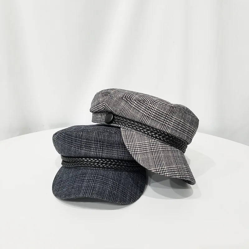

Korean-style Early Autumn Hat Women's New Style Versatile Plaid Flat Cap England Painter Hat bei lei mao Winter Style Navy Cap